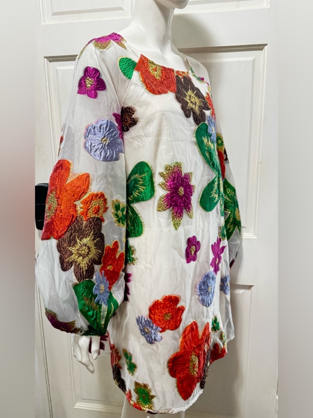 En Crème Floral Organza Bubble Sleeve Mini Dress long sleeve womens Sz Medium - Picture 4 of 13